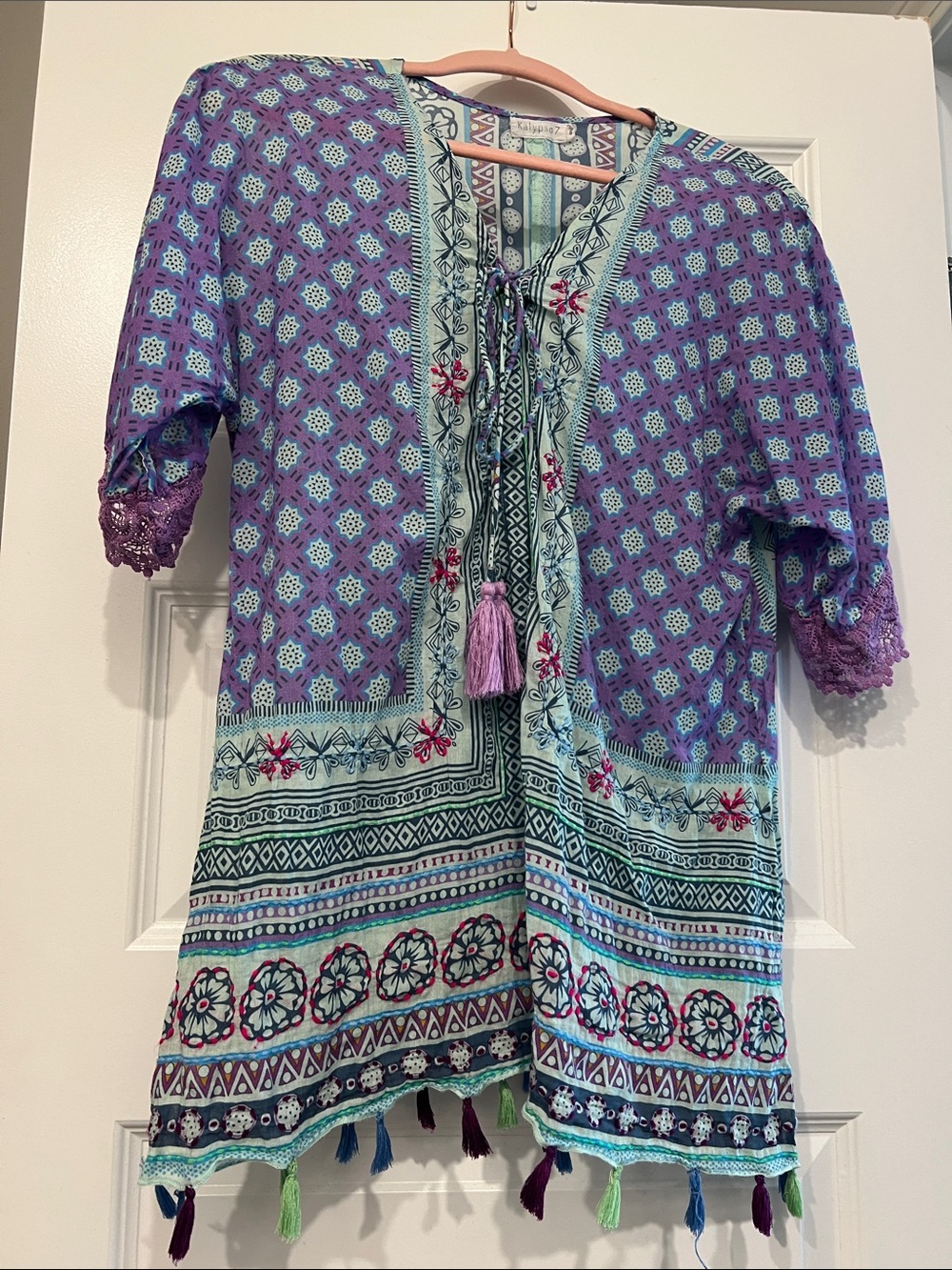 Kalypso7 Embroidered Tassel Tunic in Purple, Pink & Aqua
